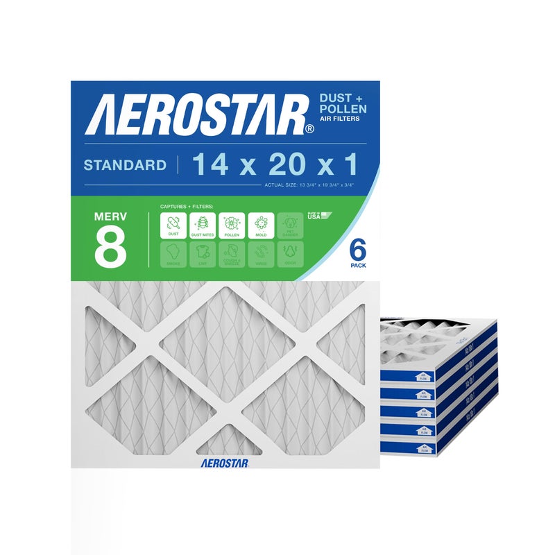 Aerostar 14x20x1 MERV 8 - 6 Count - High Efficiency Pleated HVAC, Furnace & Air Conditioner Filters - Removes Dust, Lint, Mold & Allergy-Causing Pollen - Image 1